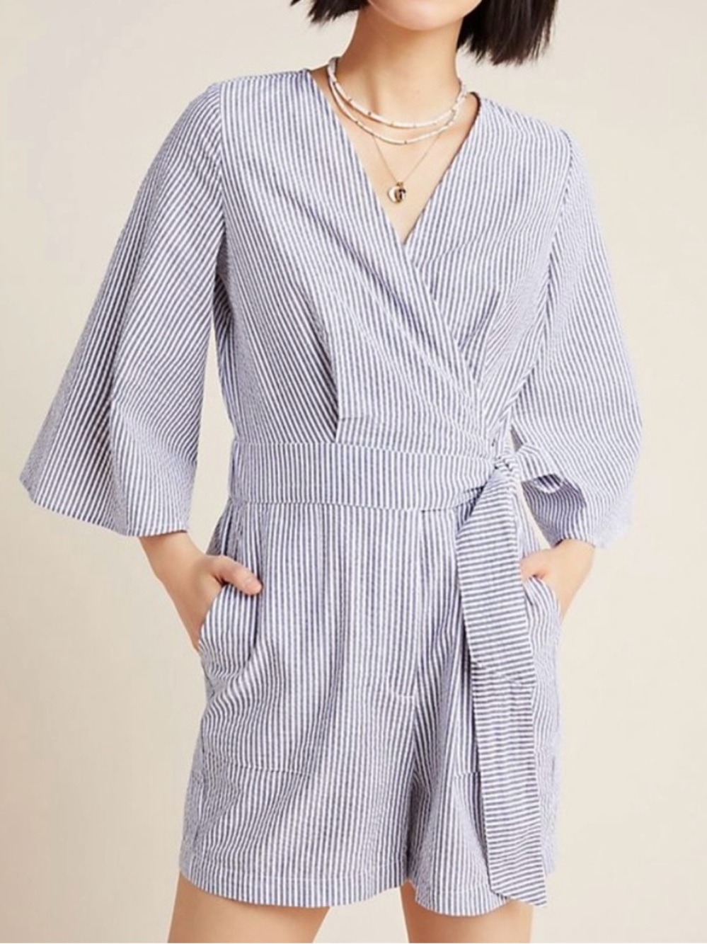 Anthropologie Amadi Striped Cotton Short Romper Faux Wrap Flare Sleeves Size XS